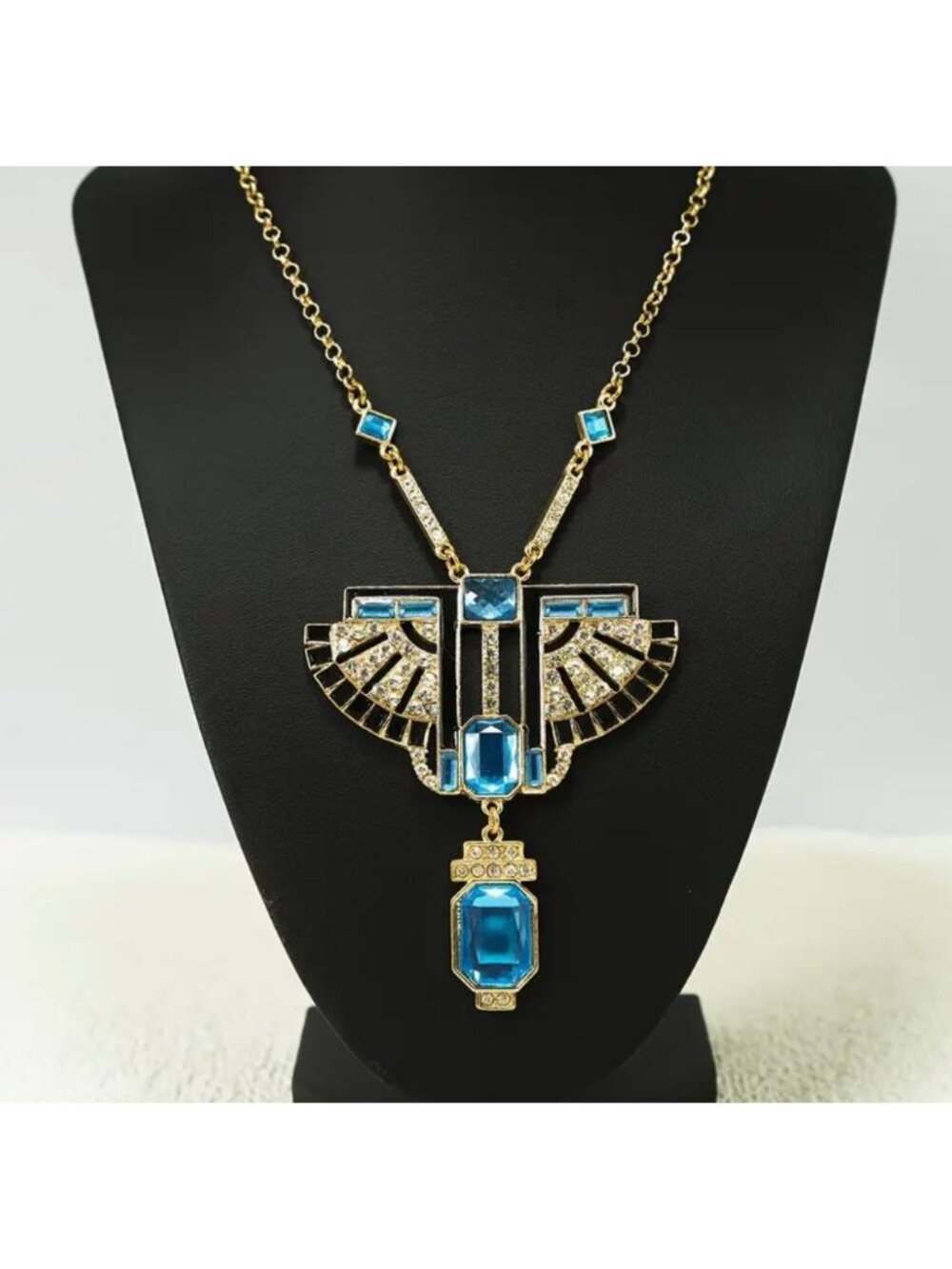 Art Deco Style Gold Tone Chain Blue Glass with Crystals Statement Necklace
